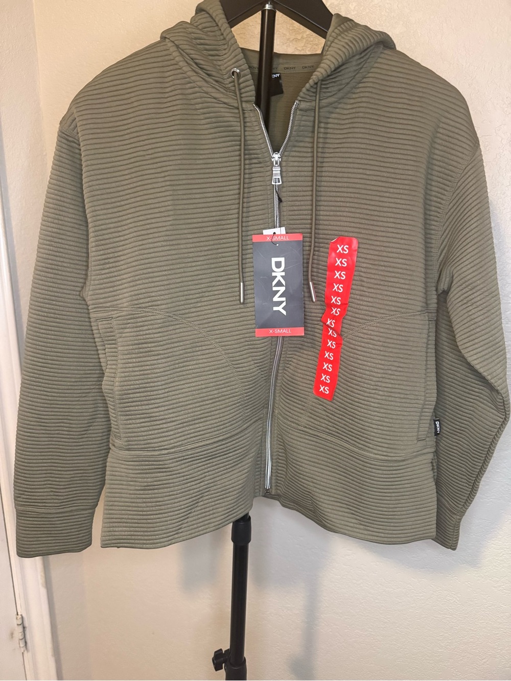 DKNY Olive Green Ribbed Zip Hoodie